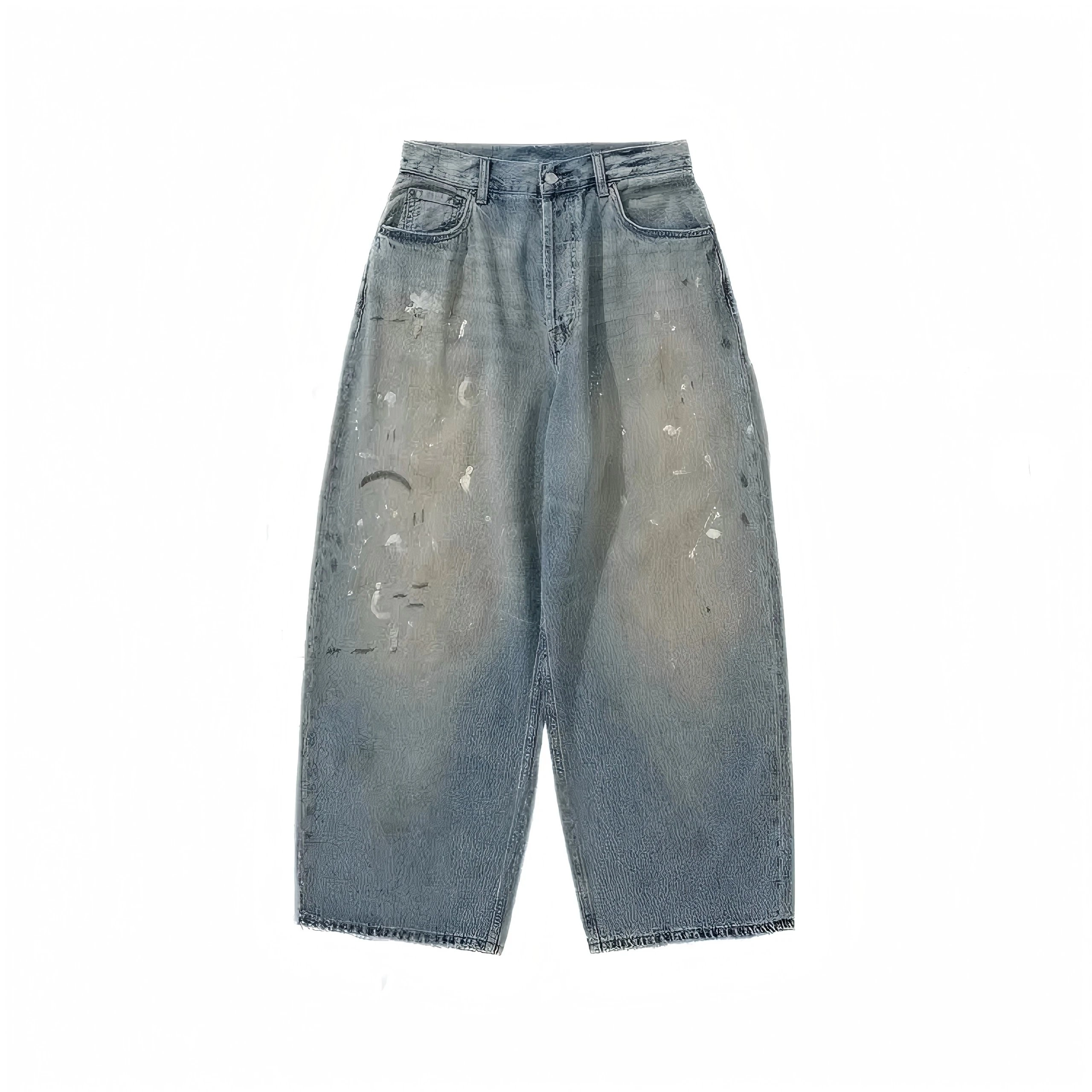 Distressed Wide-Leg Denim Pants with Paint Splatter Effect
