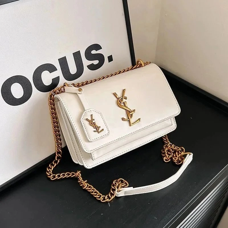 Saint Laurent Monogram Kate Bag White Leather Gold Chain