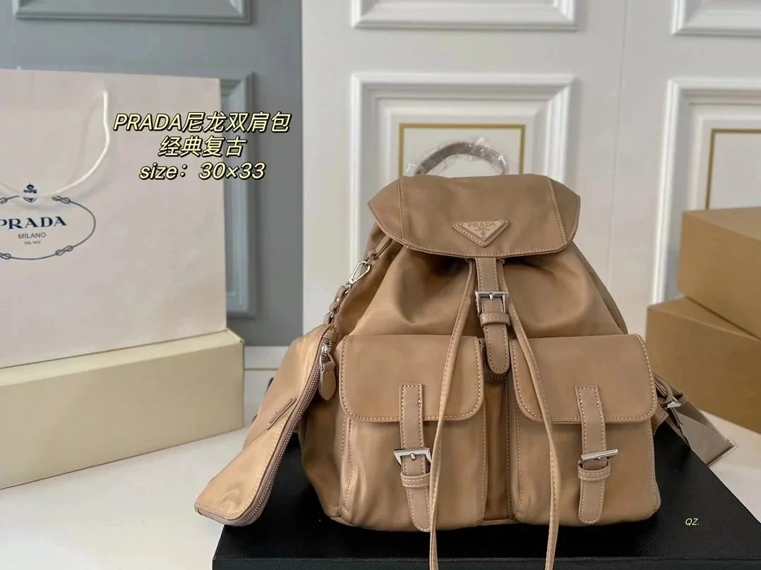 Prada Nylon Backpack Beige Classic Vintage Style 30x33cm