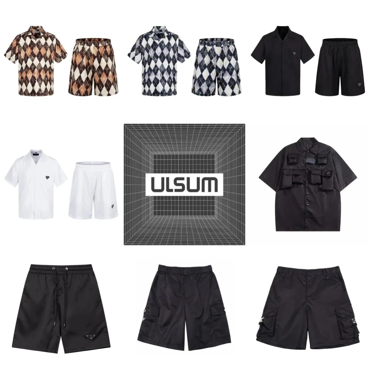 ULSUM Argyle Print Short-Sleeve Shirt and Shorts Set - Brown Diamond Pattern