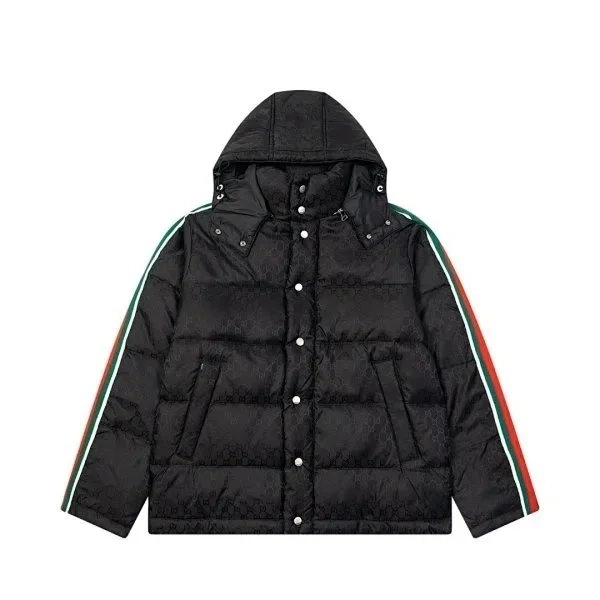 Gucci Black GG Jacquard Puffer Jacket with Web Stripe Sleeves
