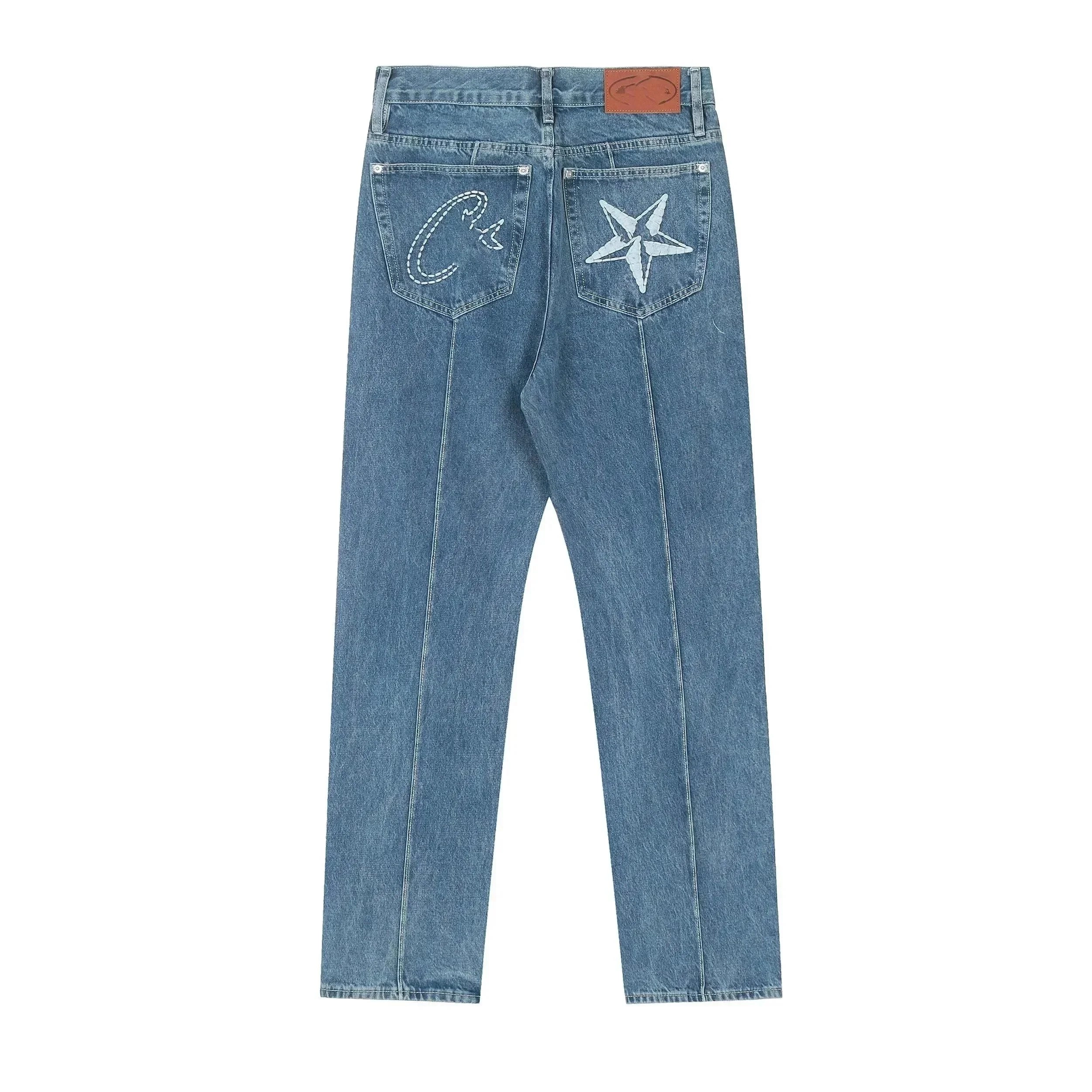Cult Star Embroidered Straight Fit Denim Jeans - Light Wash