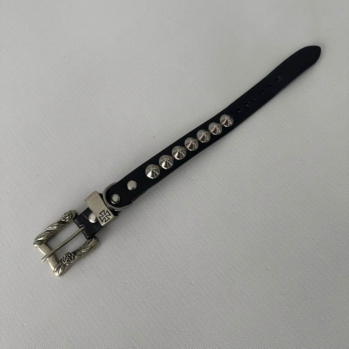 Black Leather Studded Belt with Ornate Silver Buckle