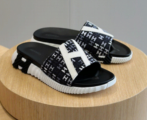 Herm&egrave;s Oran Slide Sandals Black-White H-Logo Pattern