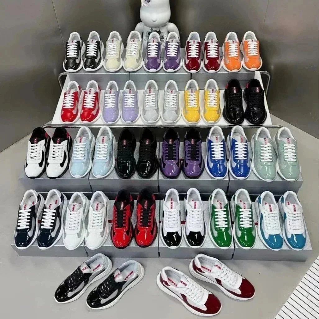 Prada Re-Nylon Low-Top Sneakers with Tri-Color Patent Leather