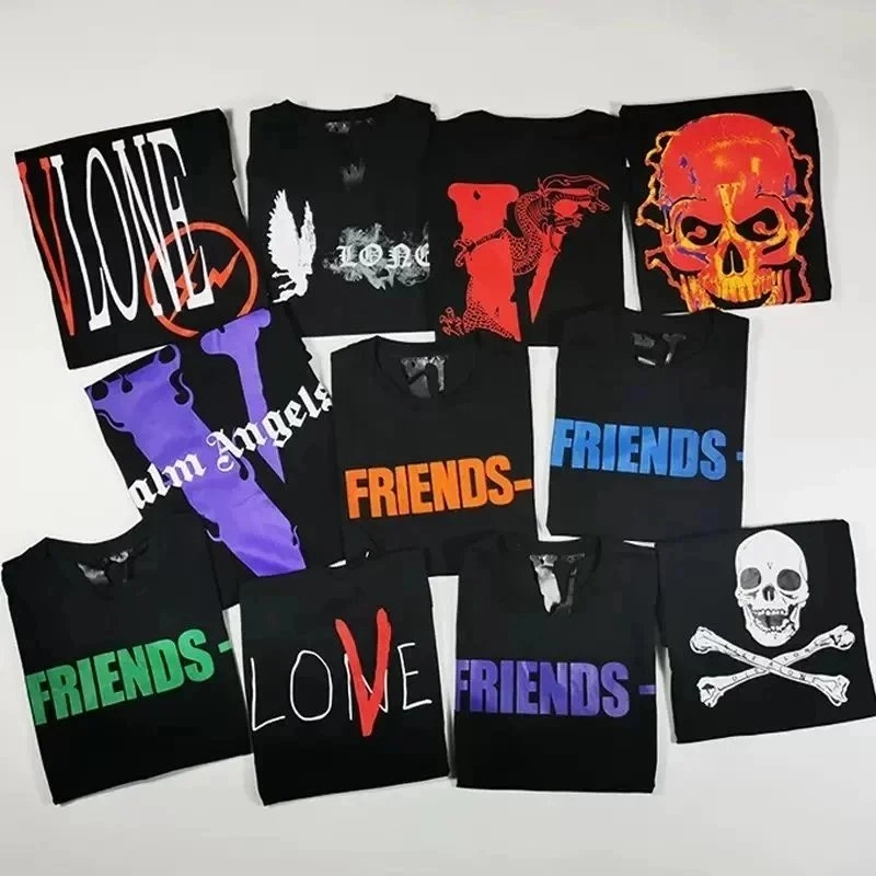 Vlone Black T-Shirt with Orange Skull Graphic Print