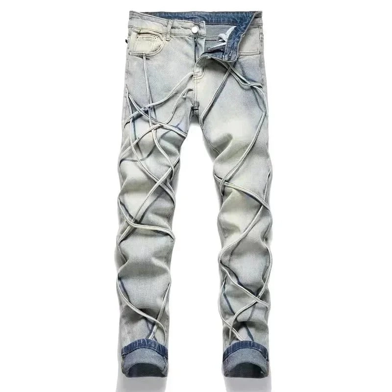 Distressed Light Wash Denim Jeans with Crisscross Lace-Up Detail