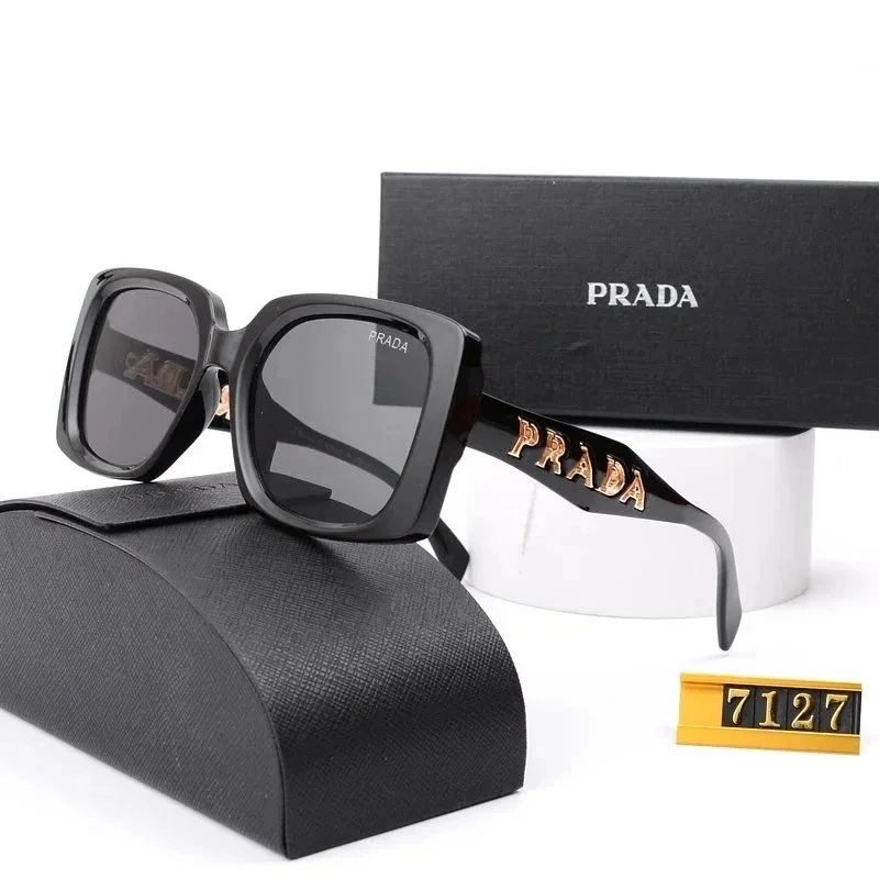 Prada Square Frame Sunglasses with Gold Logo Temples Black