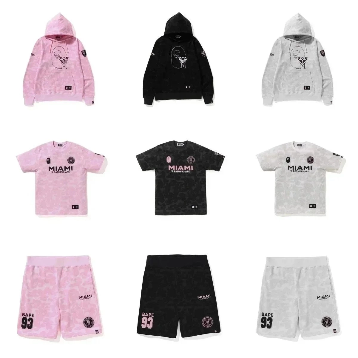 BAPE x Inter Miami CF Camo Hoodie T-Shirt Shorts Set Pink Black Gray
