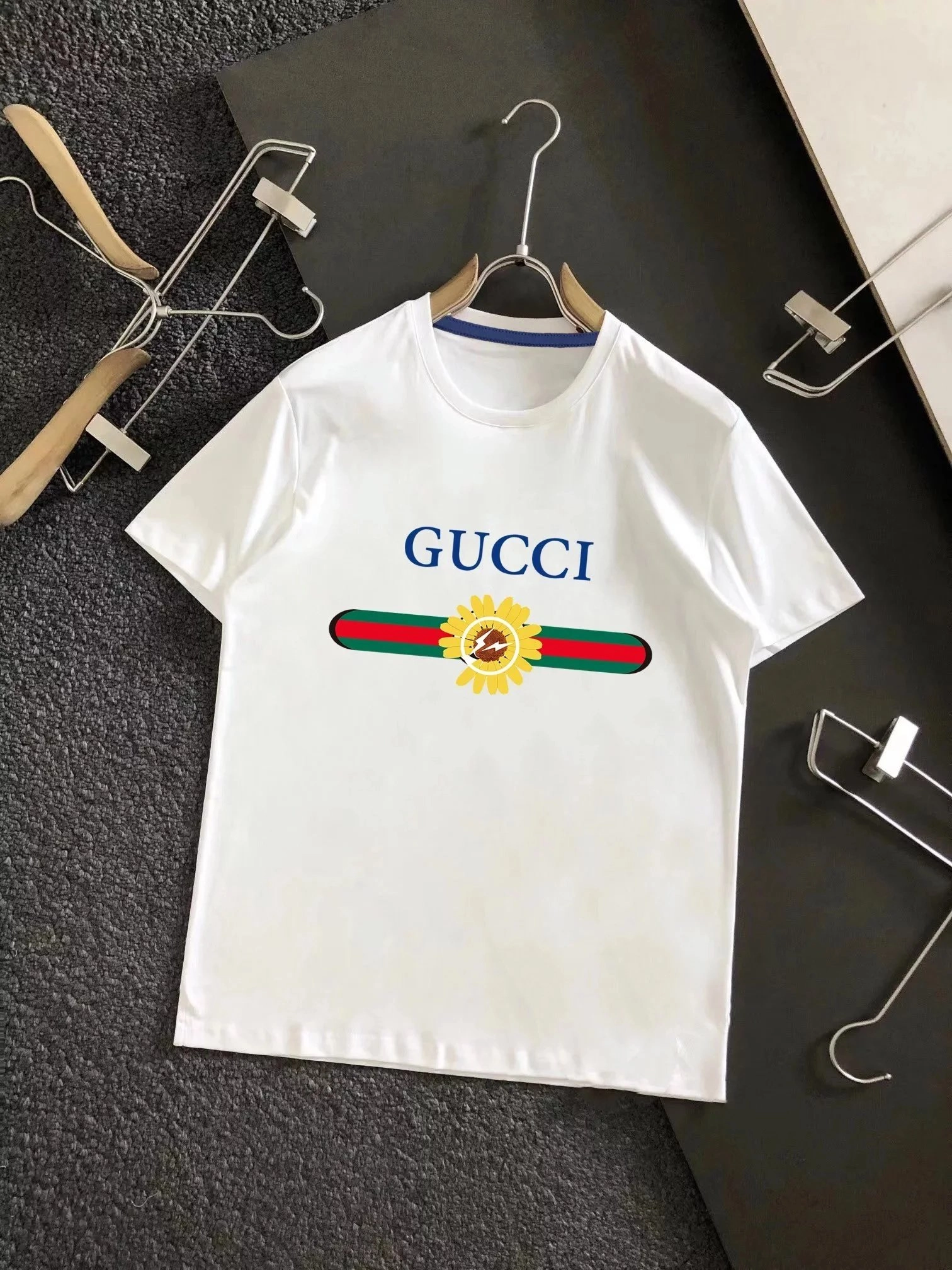 Gucci White T-Shirt with Sunflower Web Stripe Logo