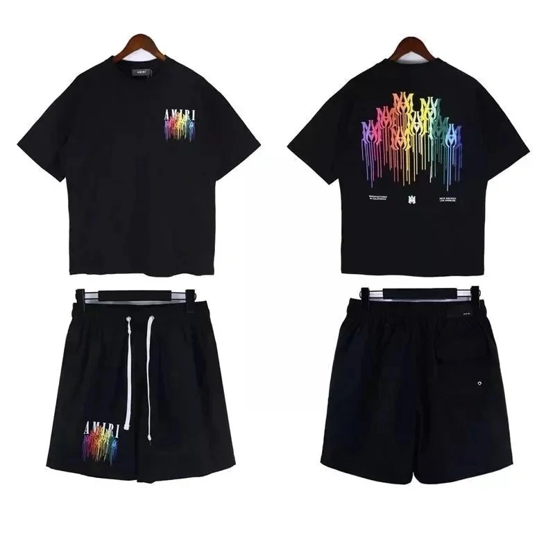 AMIRI Rainbow Drip Logo Black T-Shirt and Shorts Set