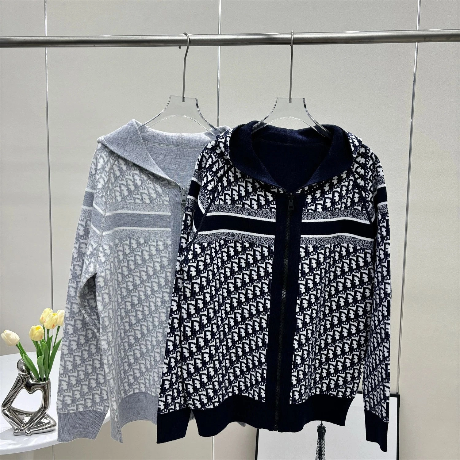 Dior Oblique Knit Hooded Zip-Up Sweater - Navy/White Pattern