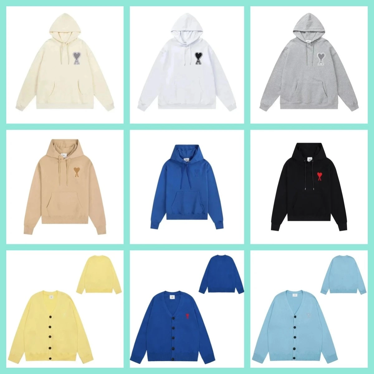 Ami Paris Heart Logo Hoodie - Cream with Grey Embroidery