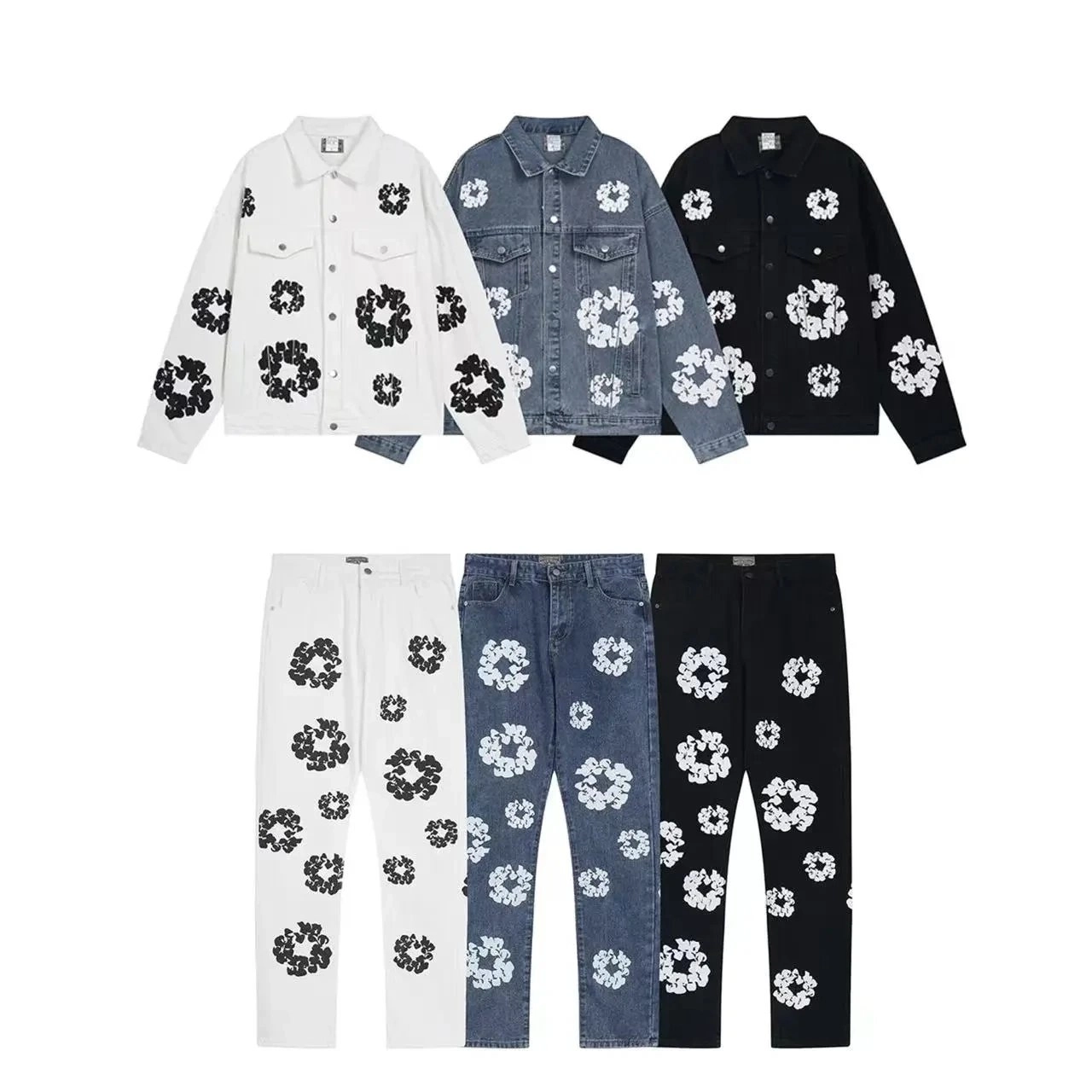 Floral-Print Denim Jacket and Pants Set - White Blue Black