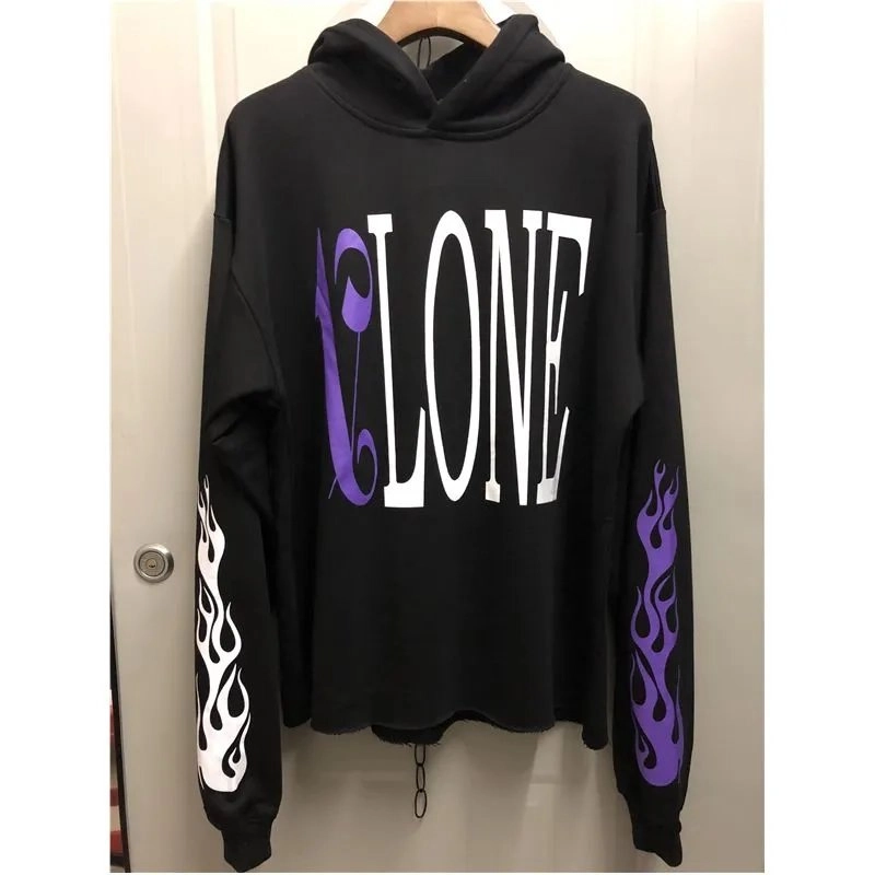 Vlone Black Hoodie with Purple and White Flame Sleeves