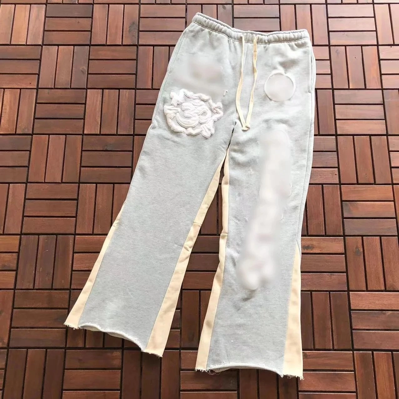 Gray Embroidered Dragon Sweatpants with Beige Side Stripes