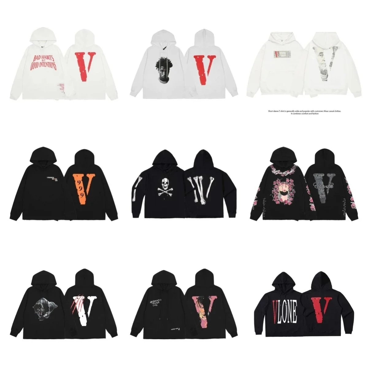 Vlone White Hoodie with Red 'V' Logo and Bad Habits Graphic