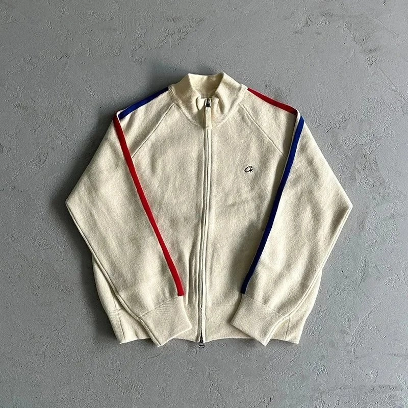 Calvin Klein Vintage Ribbed Knit Track Jacket - Cream with Red Blue Stripes