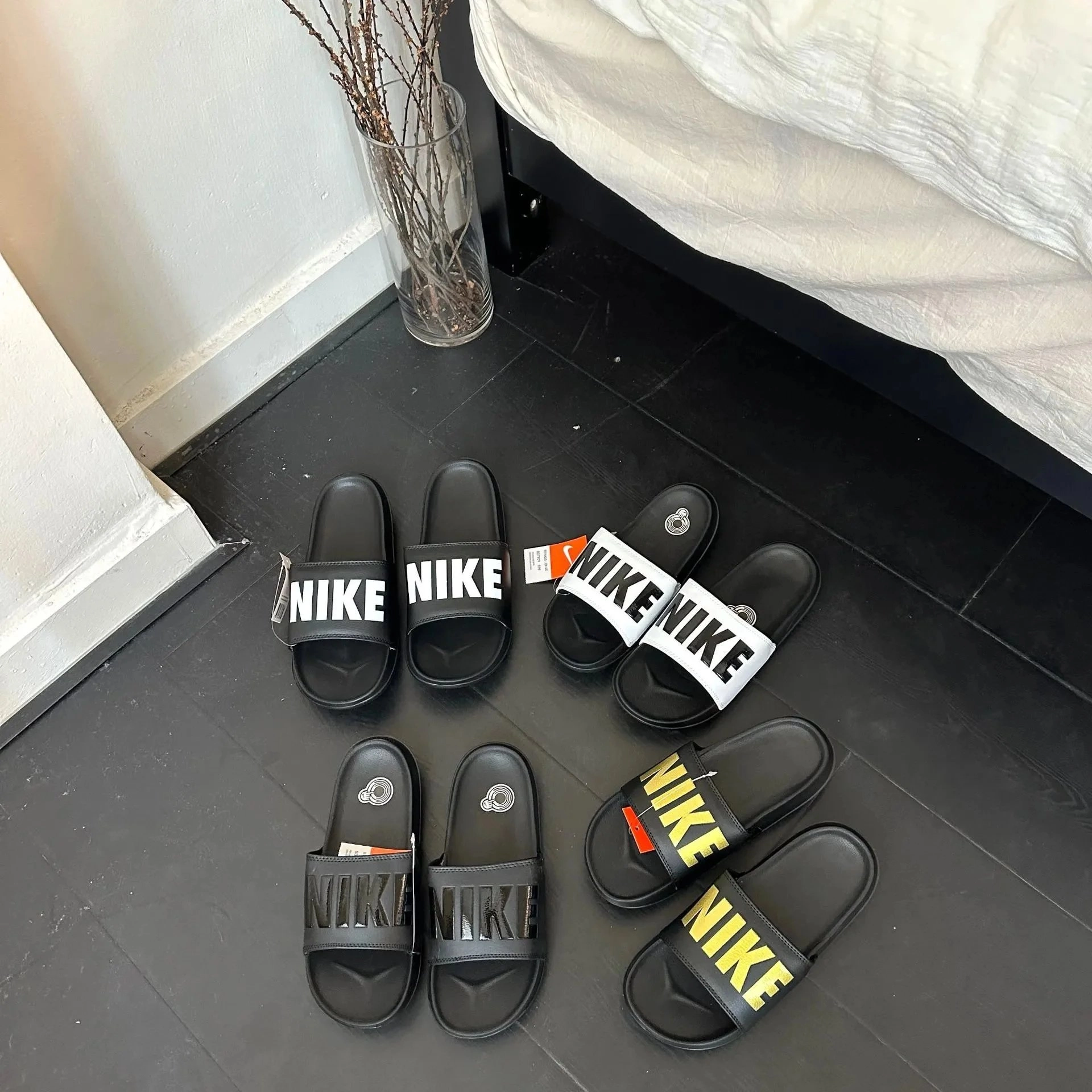Nike Benassi JDI Slide Sandals - Black with White/Gold Logo