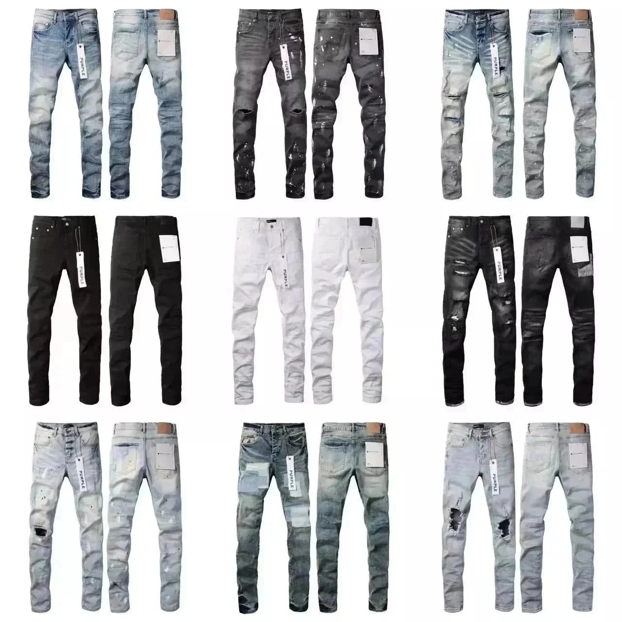 Purple Distressed Ripped Slim Fit Denim Jeans - Light Wash
