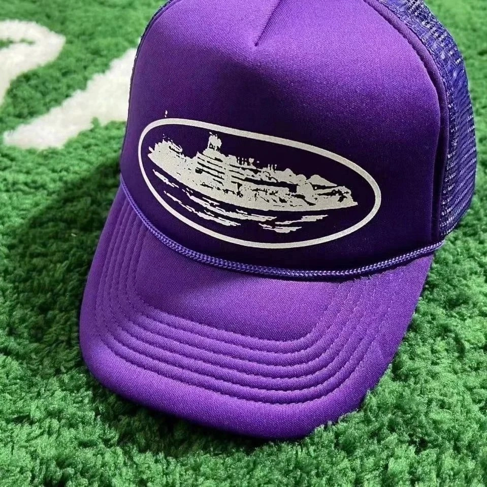 Purple Mesh Trucker Hat with Ship Graphic Oval Logo