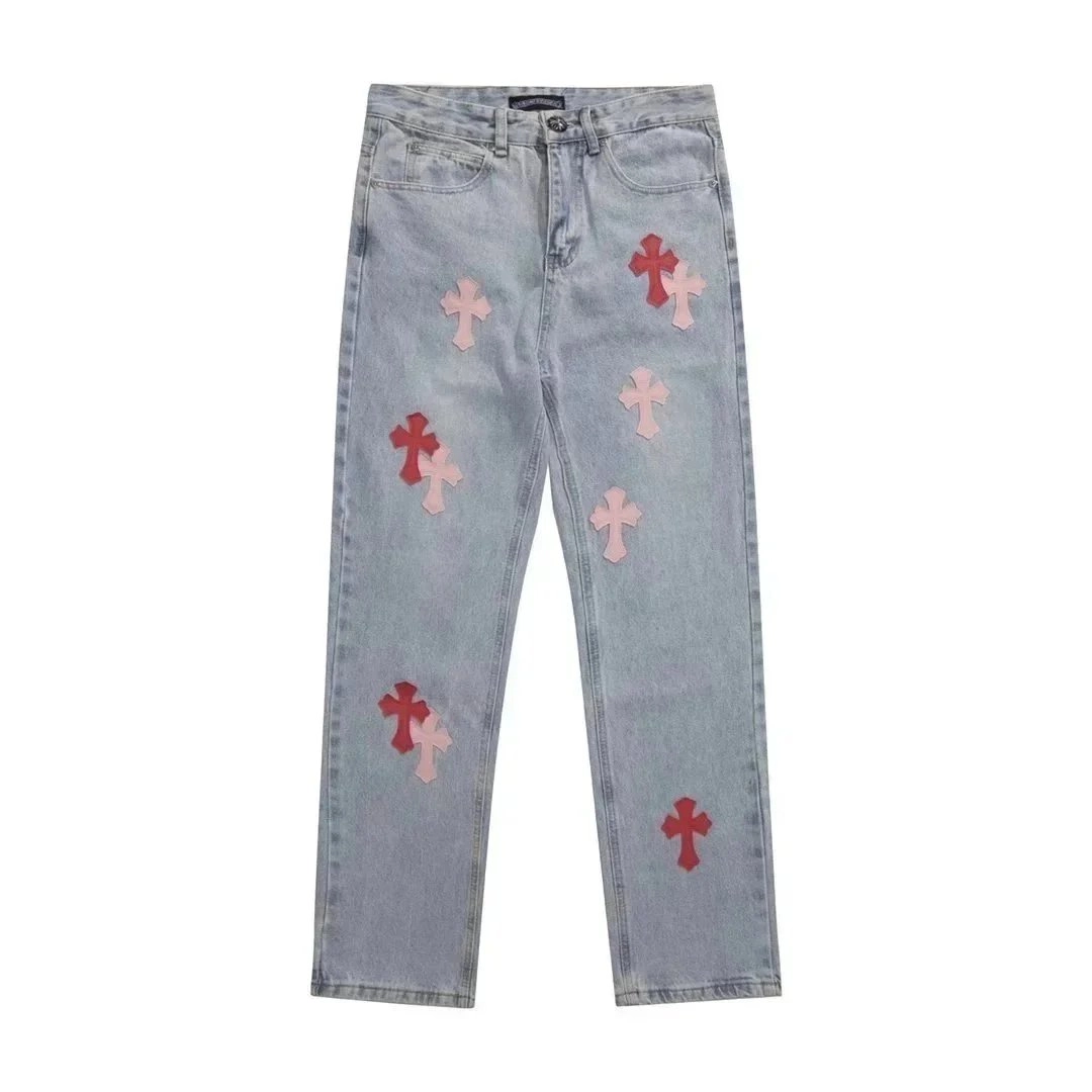 Chrome Hearts Light Wash Denim Jeans with Red Pink Cross Patches