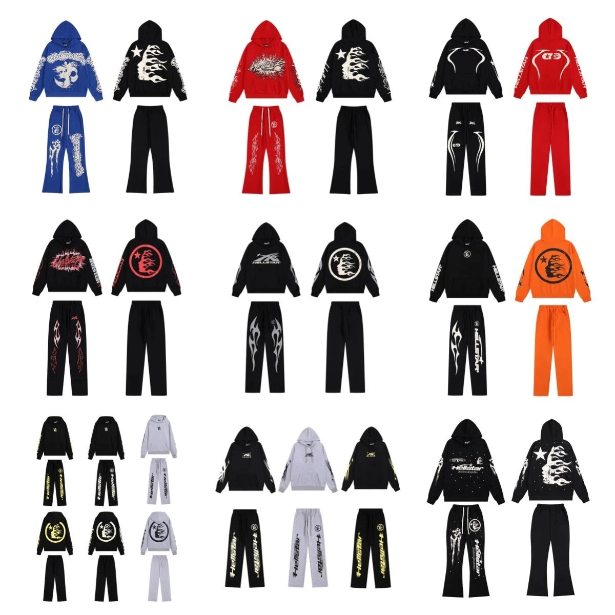 Hellstar Flame Skull Hoodie and Pants Set - Black with White Graphic