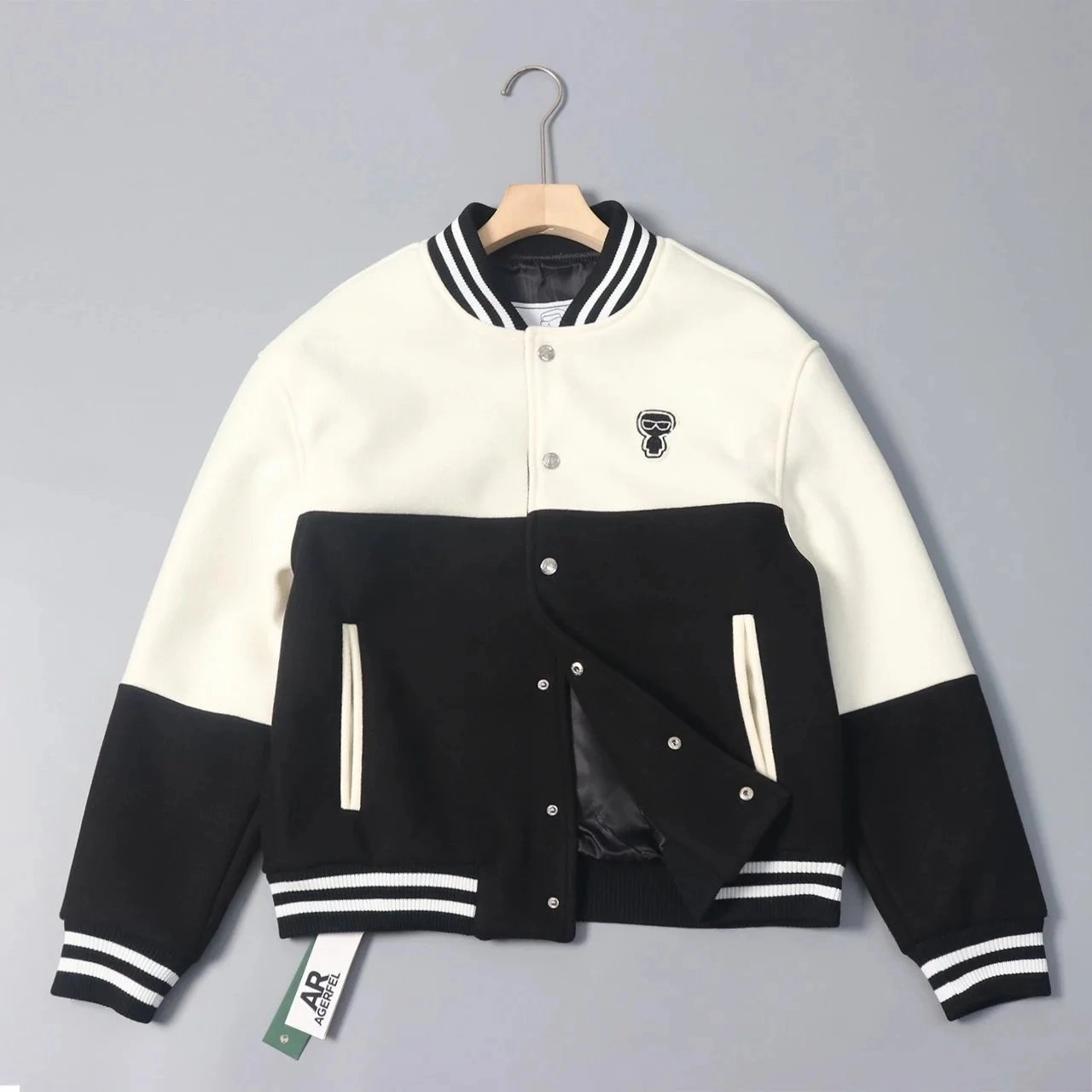 Karl Lagerfeld Two-Tone Varsity Jacket - Cream/Black with Icon Logo