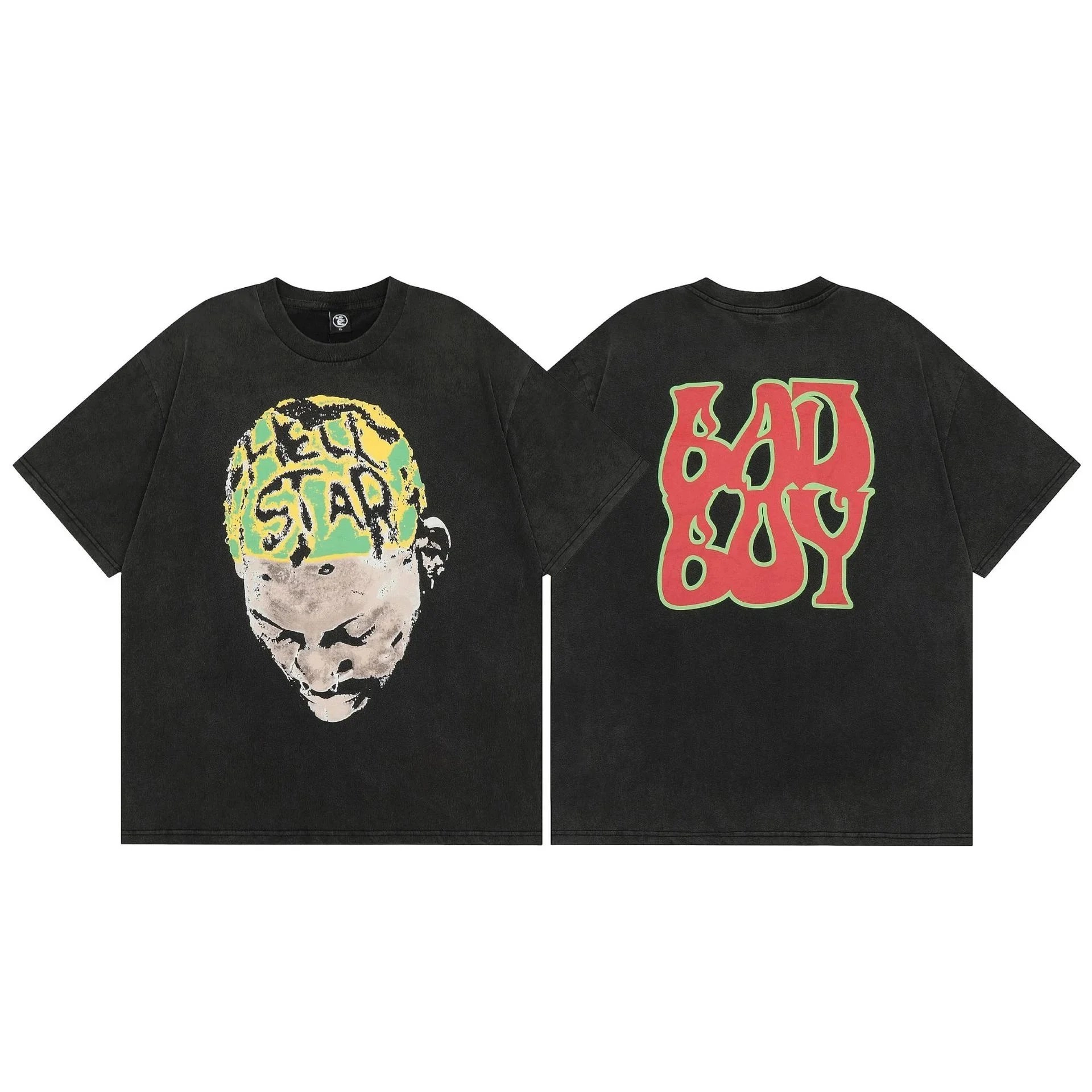 Hell Star Distressed Black T-Shirt with Graffiti Face and Logo Print