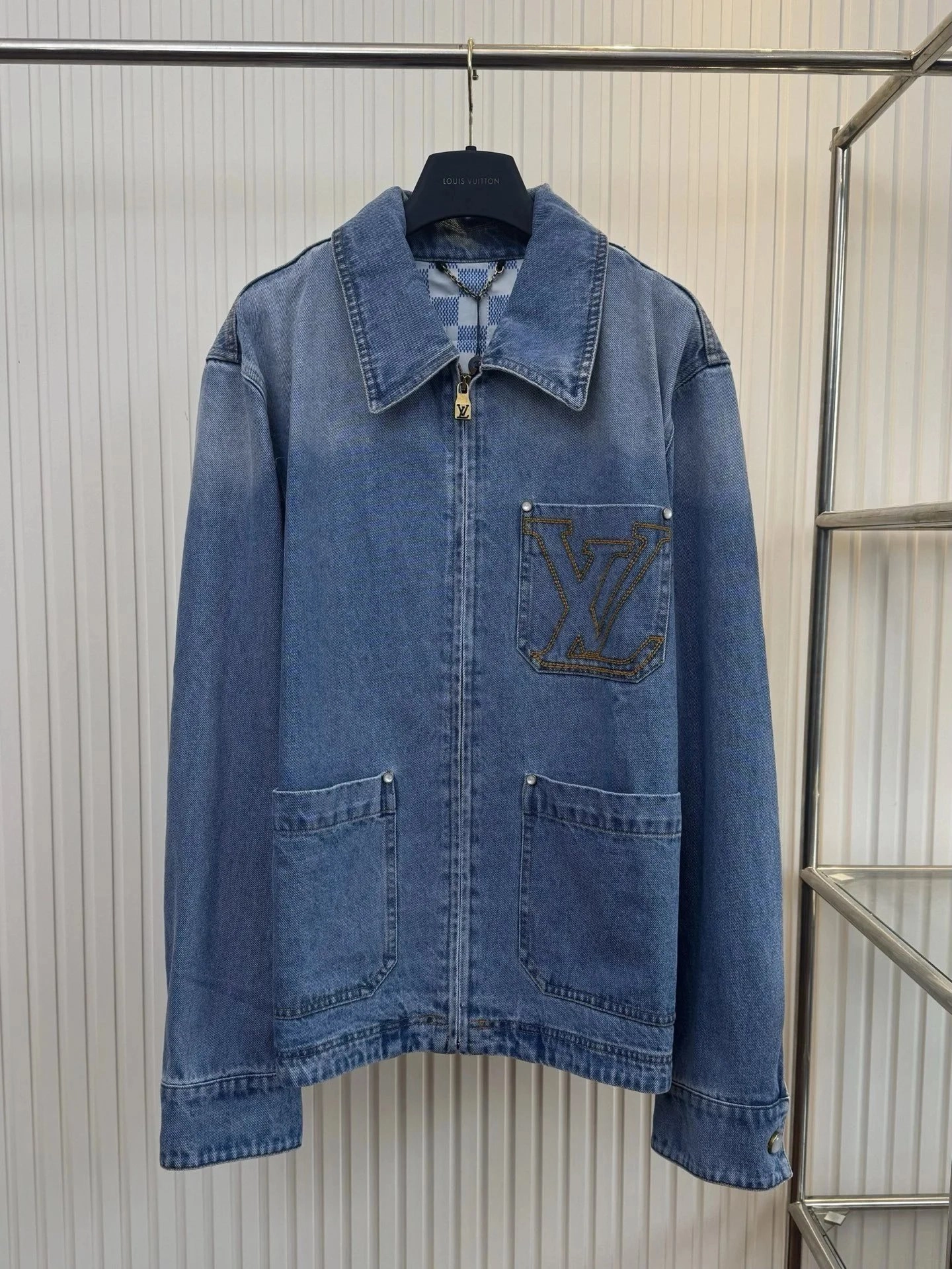 Louis Vuitton Denim Trucker Jacket with Embroidered LV Logo Pocket