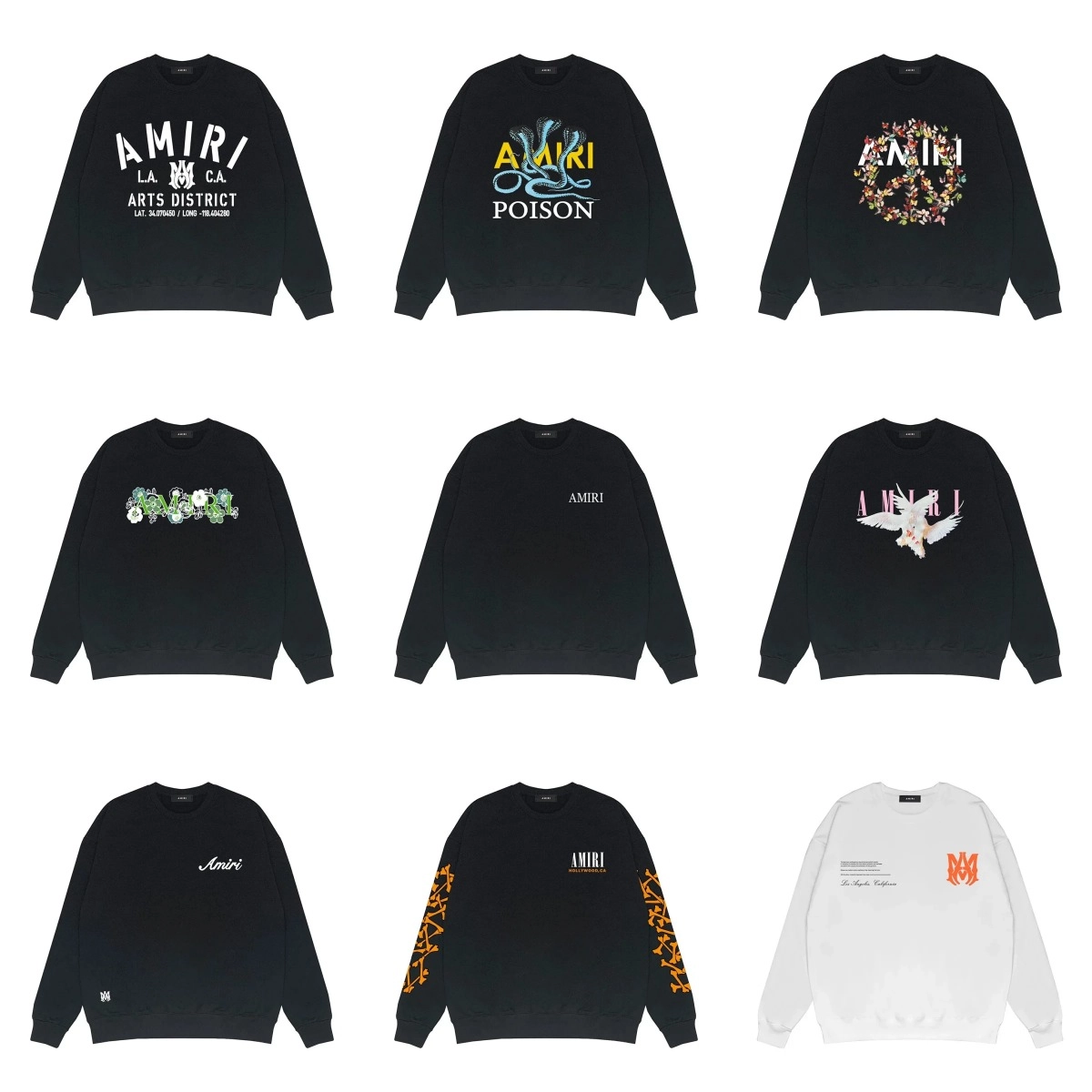 AMIRI Black Crewneck Sweatshirt with Floral Peace Sign Print