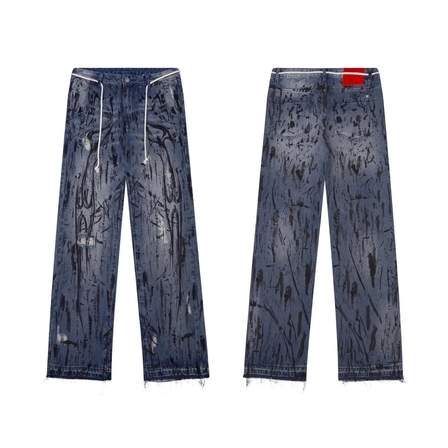 Distressed Paint-Splatter Denim Pants with Drawstring Waist