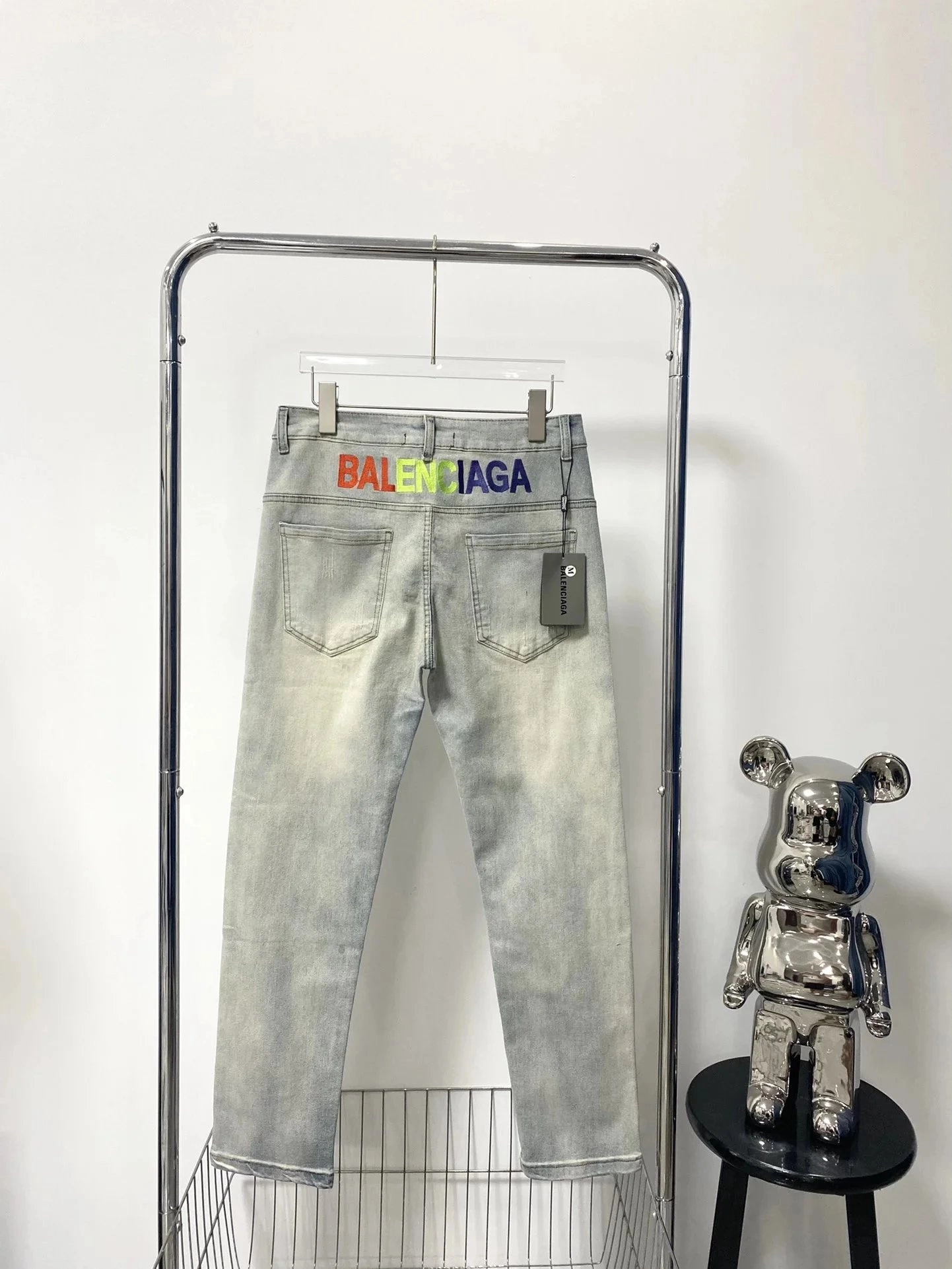 Balenciaga Rainbow Logo Washed Denim Jeans - Light Grey