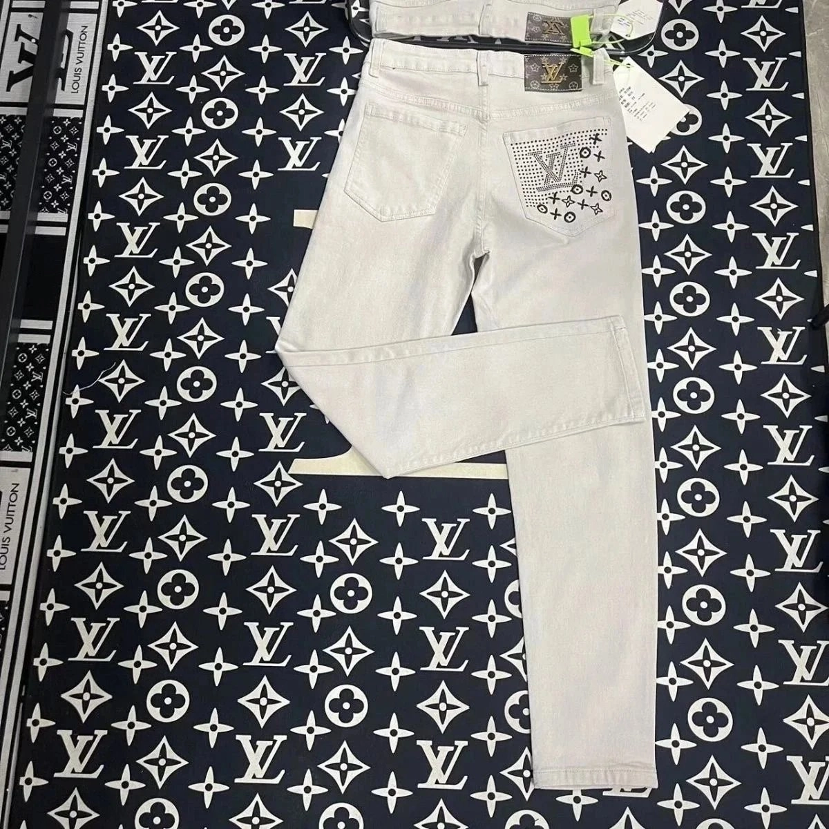 Louis Vuitton White Denim Jeans with Crystal LV Pocket Detail