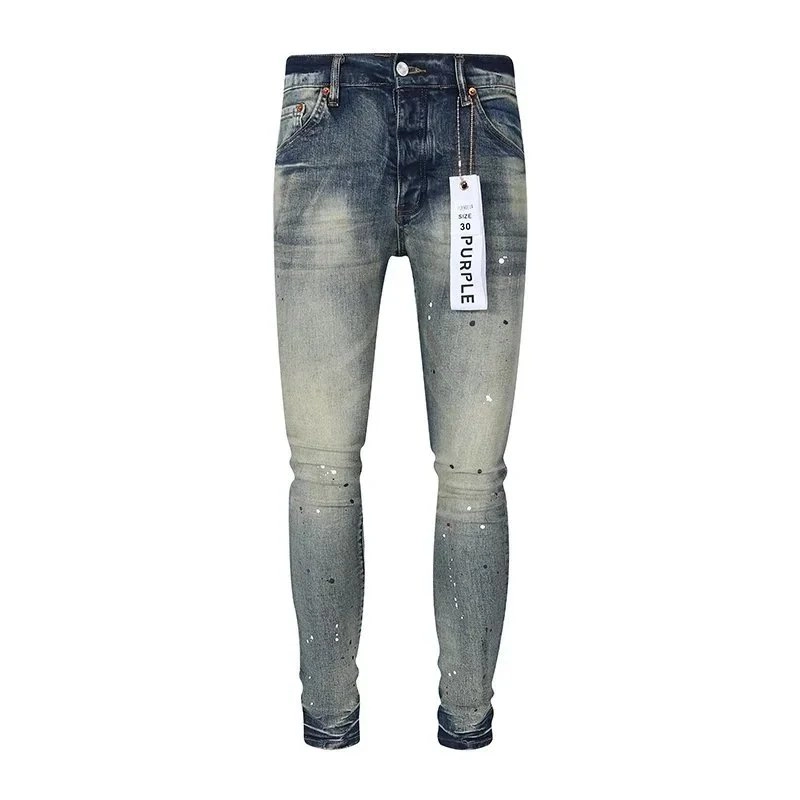 SPURPLE Distressed Slim Fit Denim Jeans with Paint Splatter