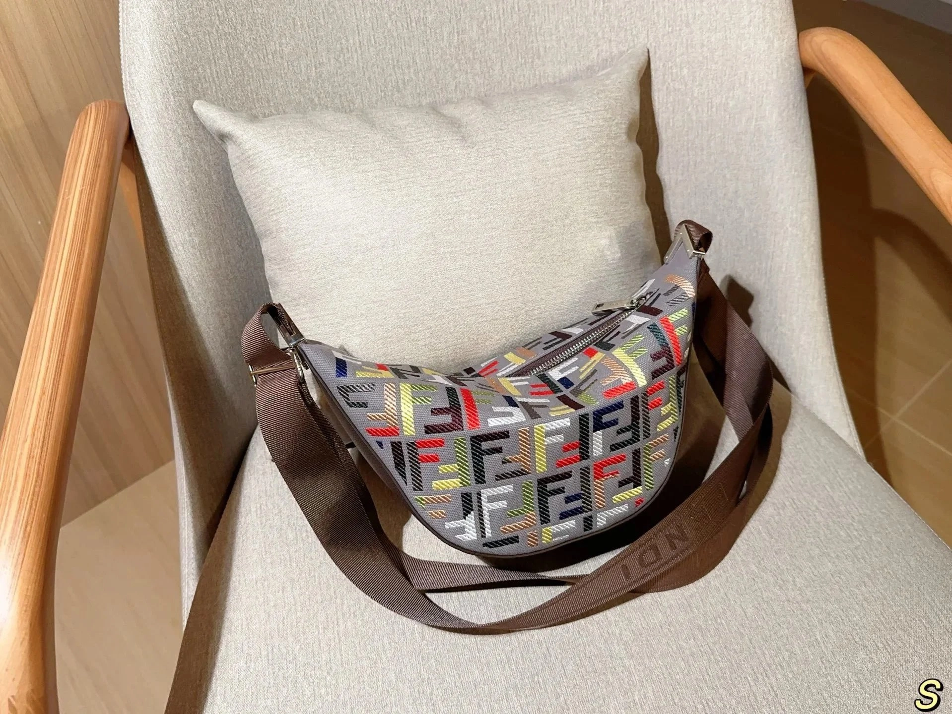Fendi Multicolor FF Logo Canvas Belt Bag Gray Brown Strap