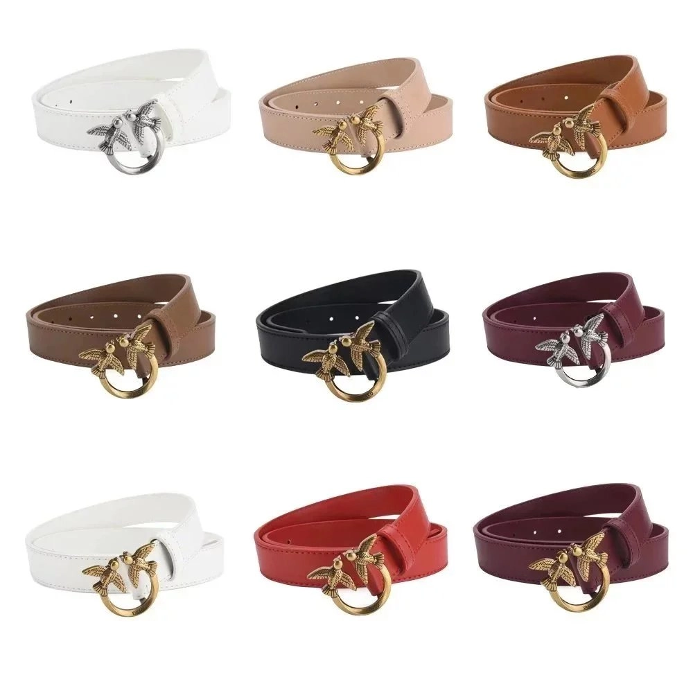 PINKO Love Birds Buckle Leather Belt - White Gold Tone