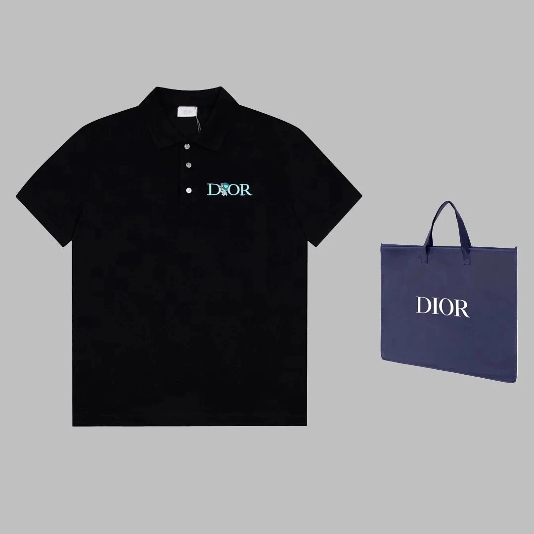Dior Black Polo Shirt with Embroidered Logo and Floral Detail