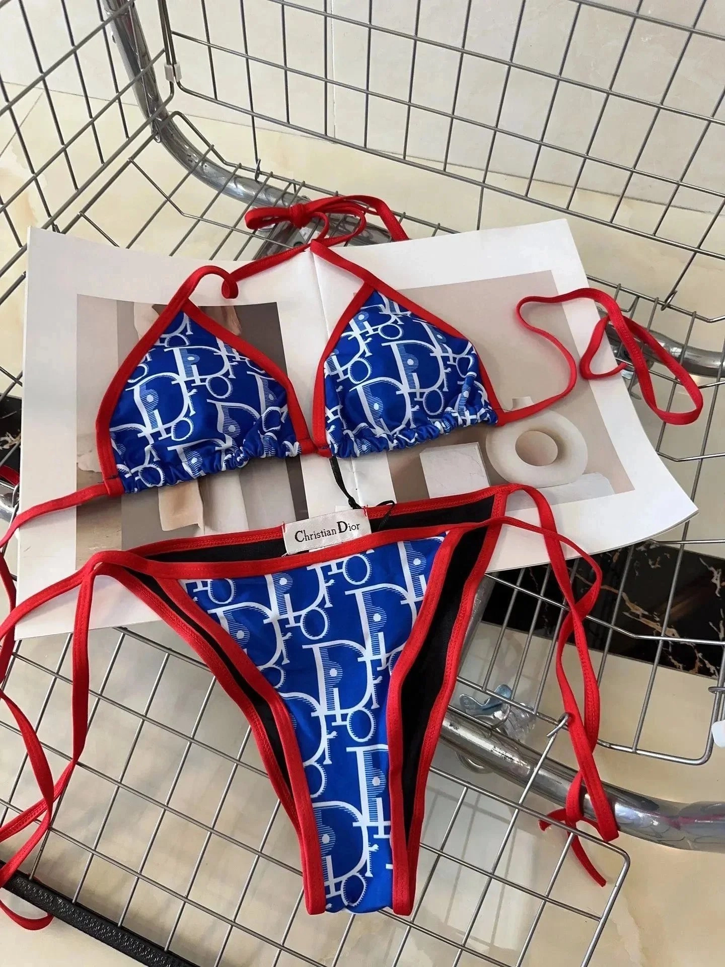 Christian Dior Oblique Print Blue Red Triangle Bikini Set