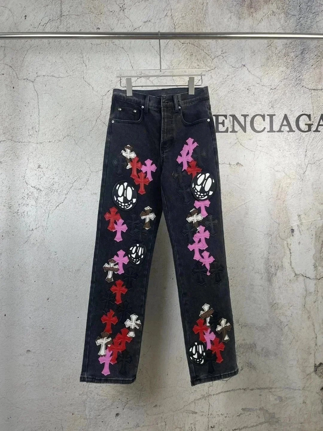 Chrome Hearts Black Denim Jeans with Cross and Skull Patches