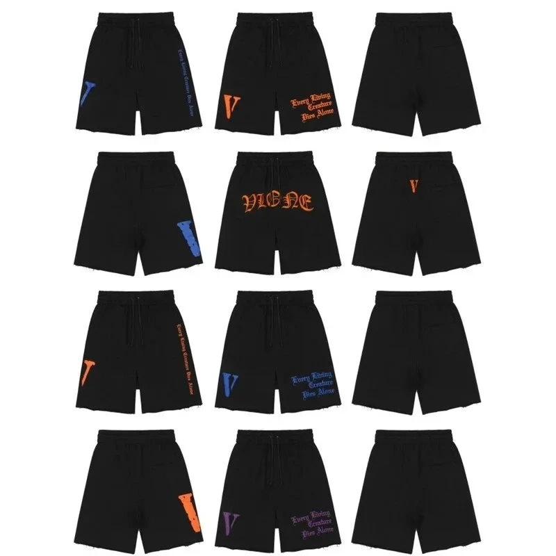Vlone Black Shorts with Orange Gothic Logo and Frayed Hem