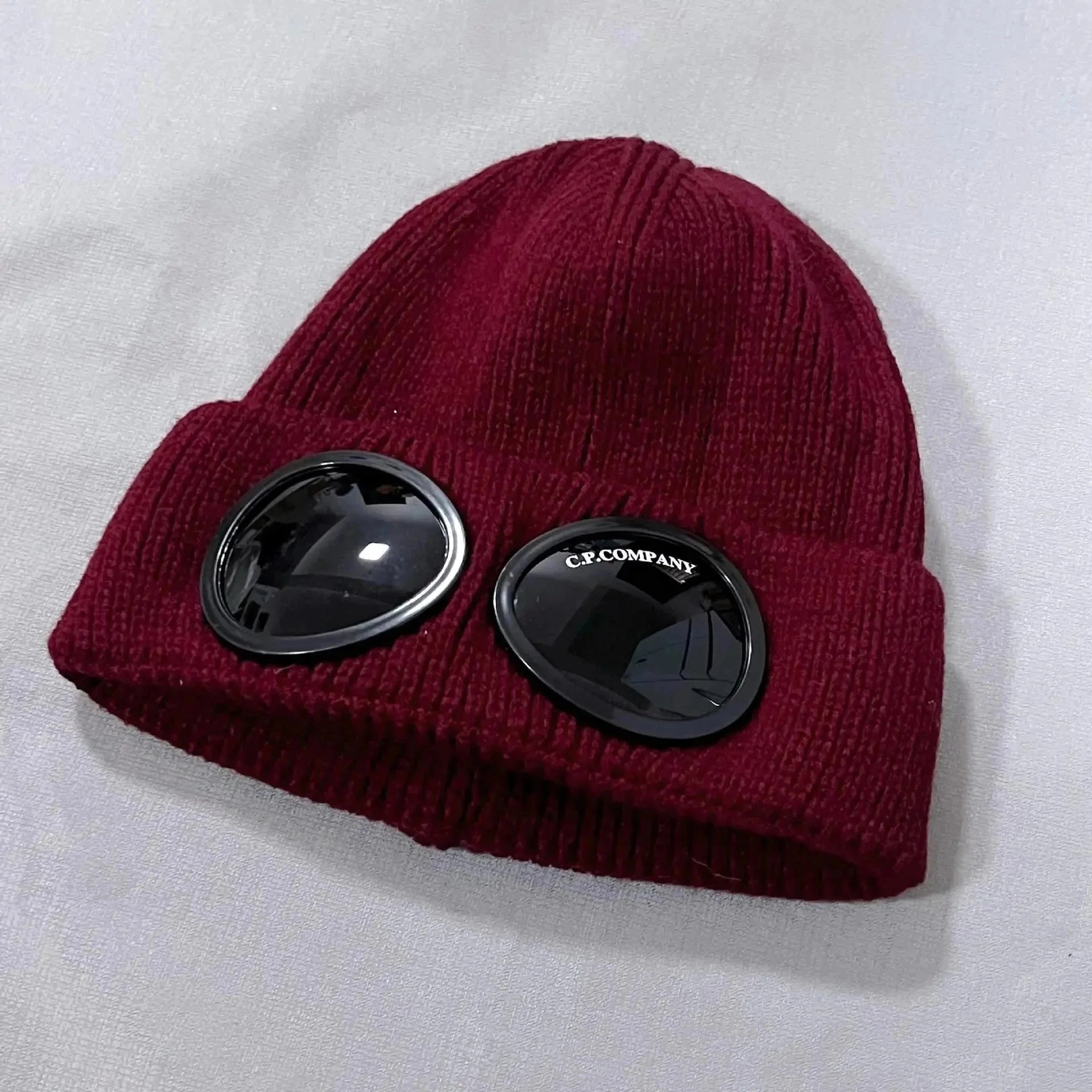C.P. Company Goggle Beanie - Burgundy Ribbed Knit with Signature Lenses