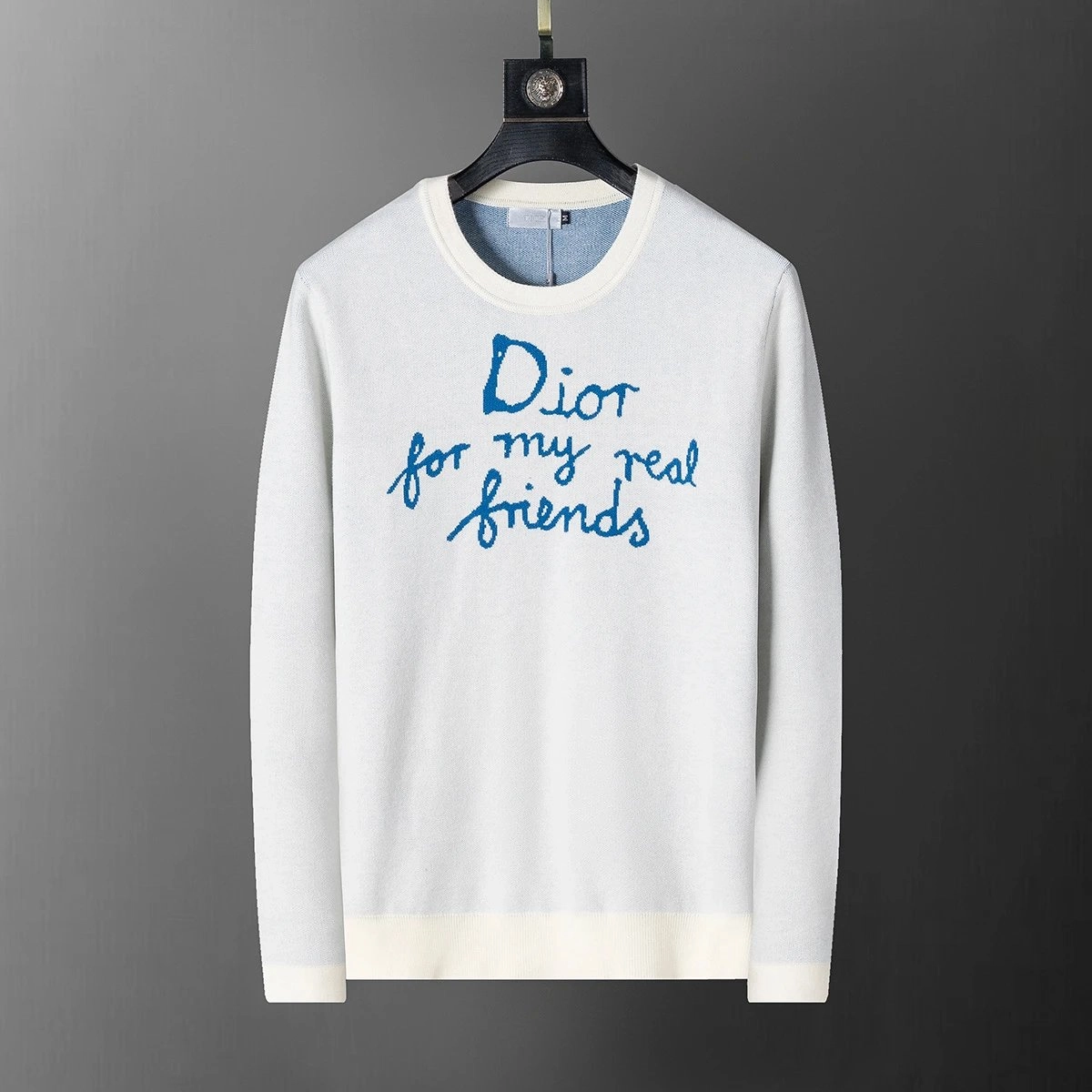 Dior White Knit Sweater with Blue 'for my real friends' Embroidery
