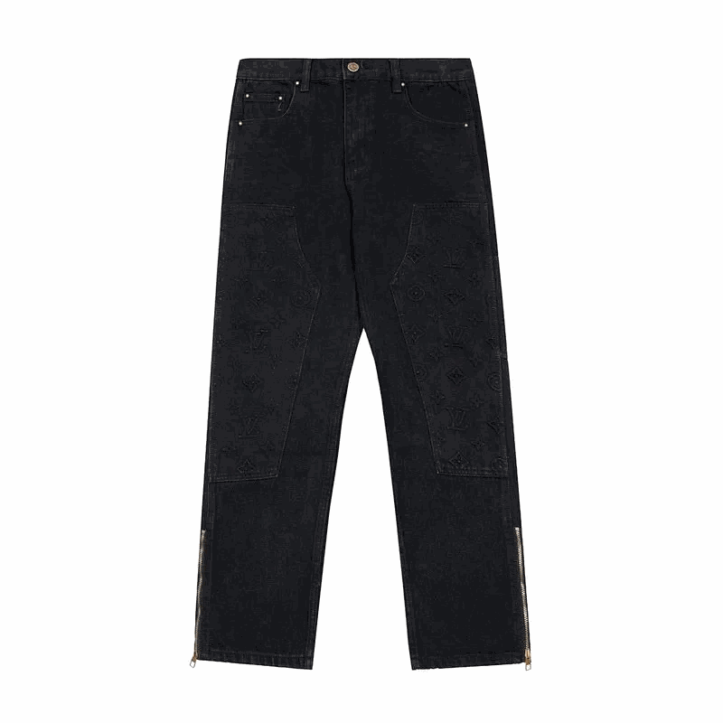 Louis Vuitton Monogram-Embroidered Black Denim Pants with Zip Cuffs