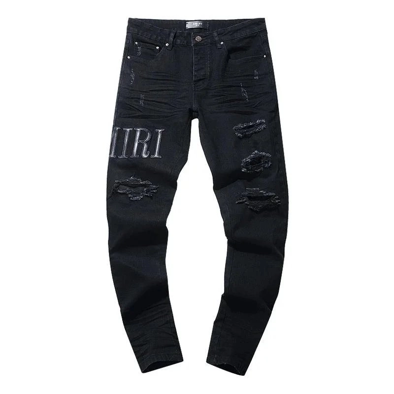 AMIRI Black Distressed Denim Jeans with Embroidered Logo