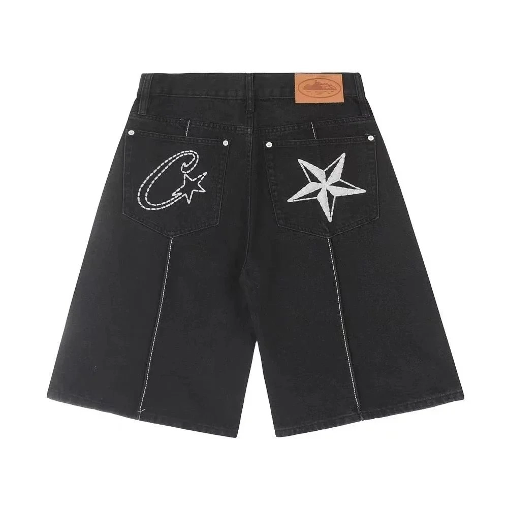 C2H4 Black Denim Shorts with Embroidered C-Star and Nautical Star