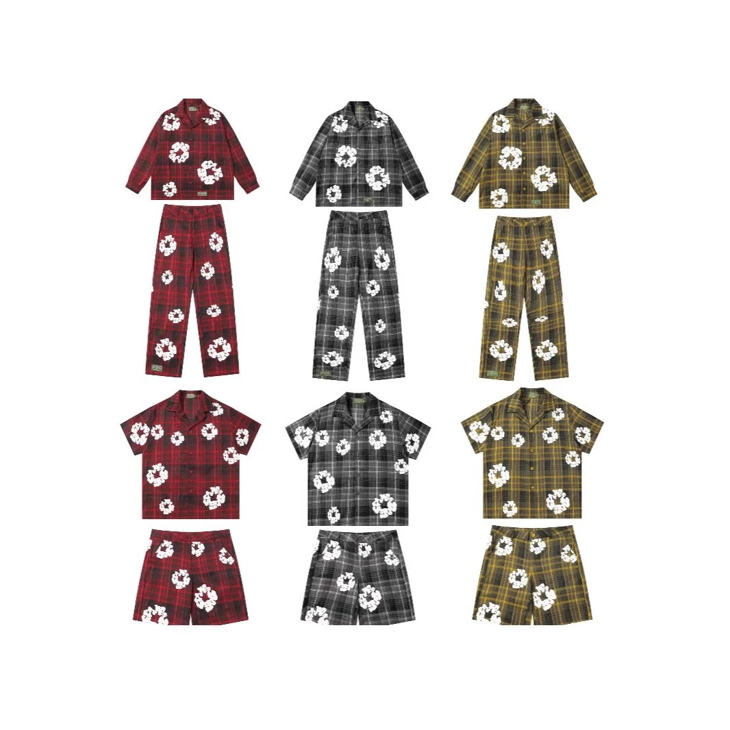 Floral Plaid Pajama Set with White Wreath Print - Long & Short Sleeve