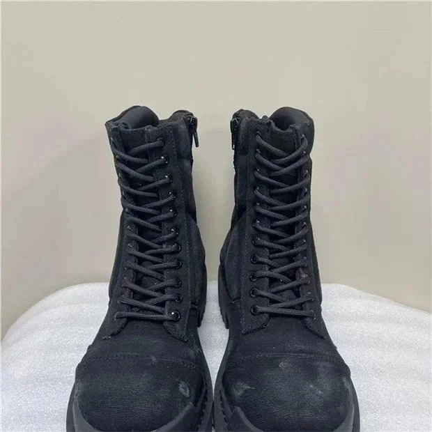 Black Canvas Combat Boots with Side Zip and Lace-Up Closure