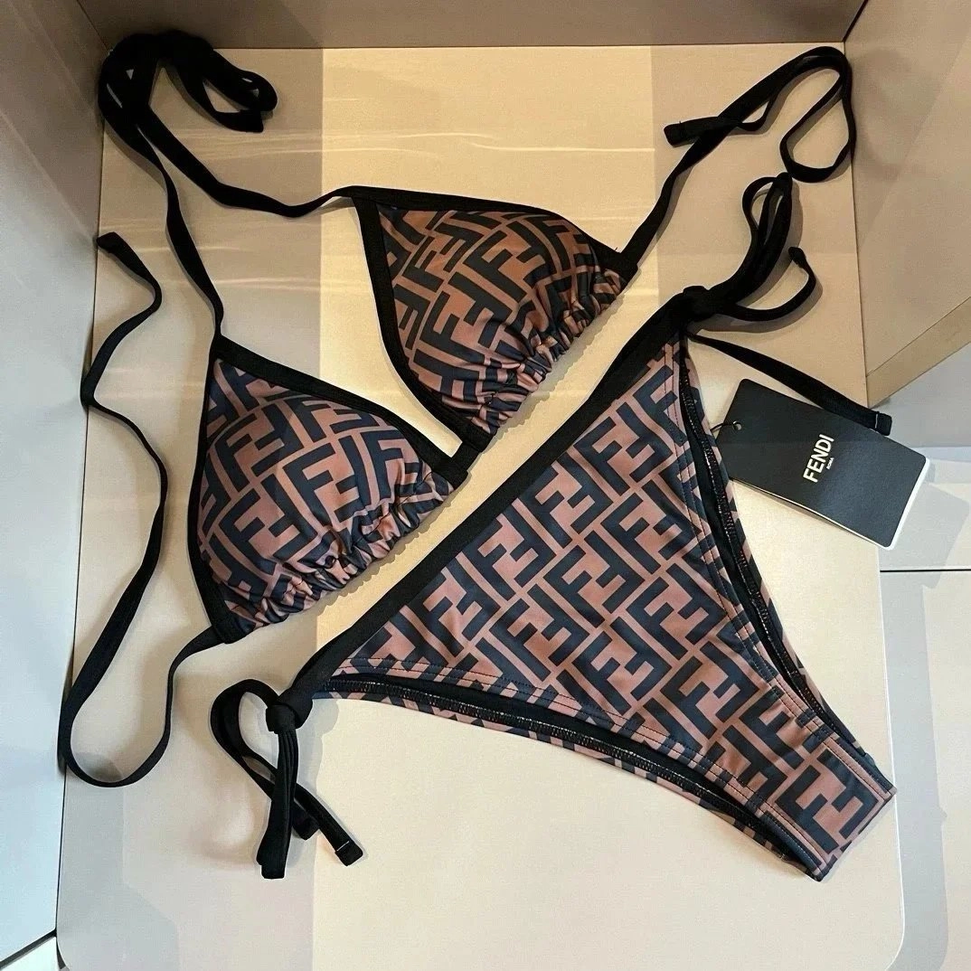 Fendi FF Logo Triangle Bikini Set Pink Black Print