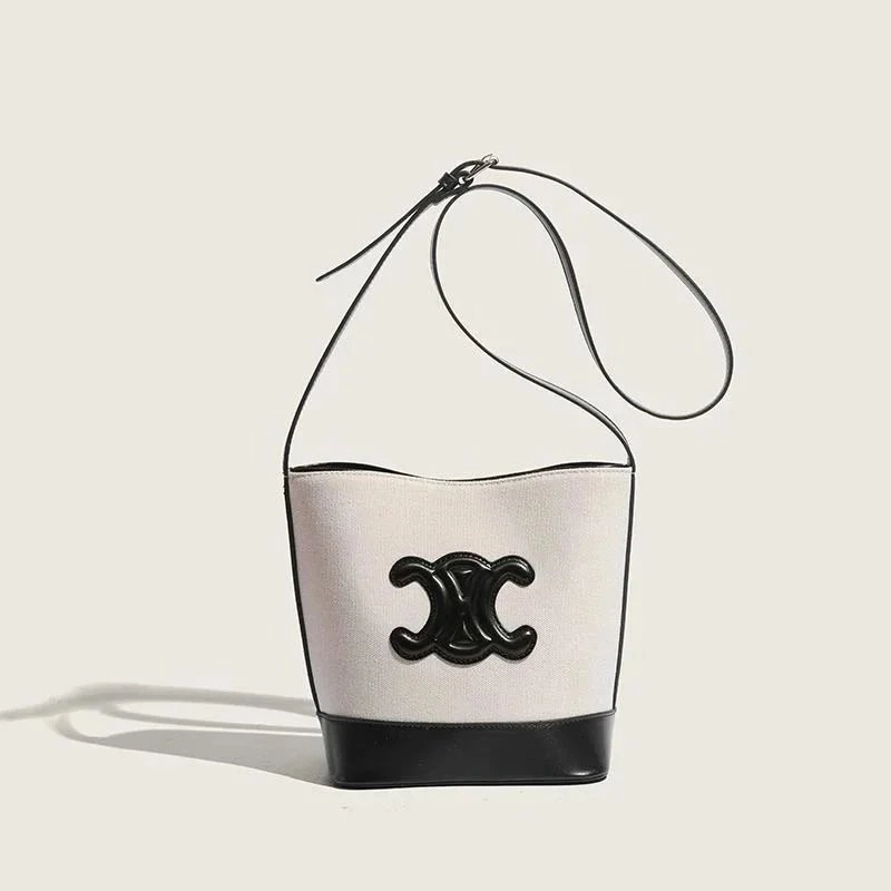 Celine Triomphe Bucket Bag - White Canvas with Black Logo and Trim